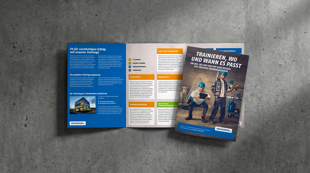 Auf dem Bild sind Fyler zum Trainingsangebot von Nussbaum zu sehen, die von Serviceplan erstellt wurden