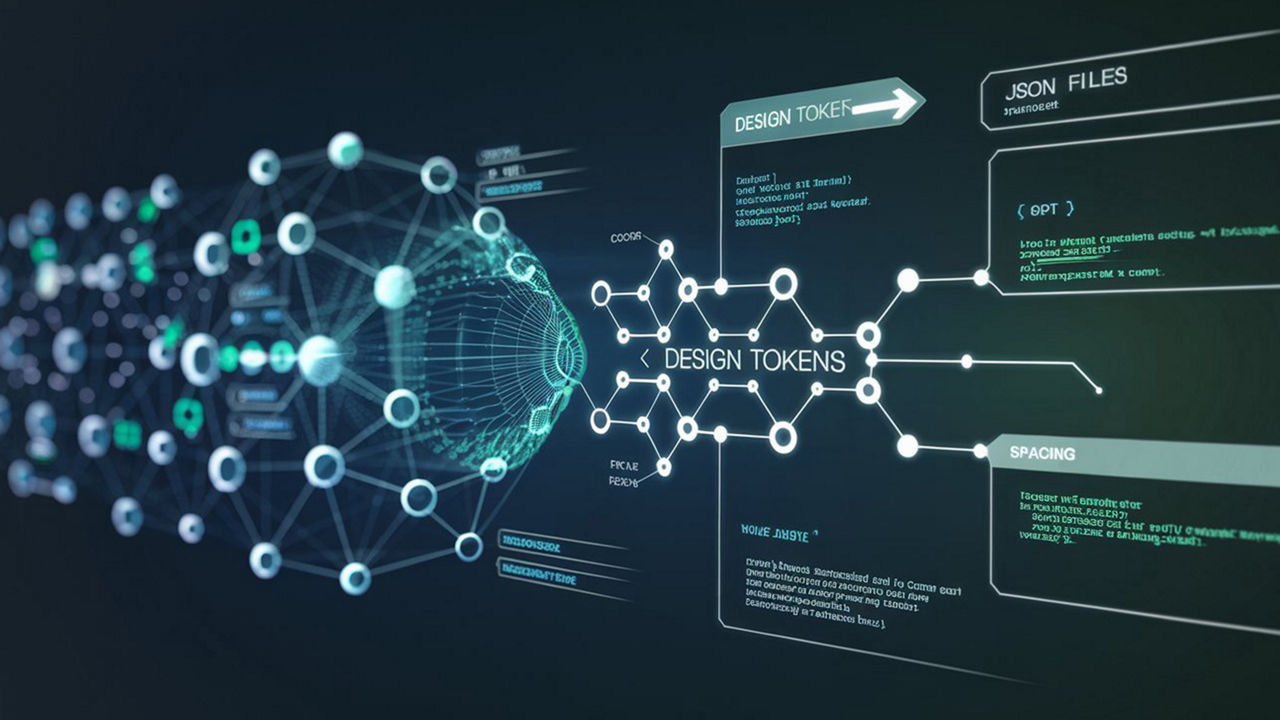 Barrierefreie Bildunterschrift (WCAG-konform): Visualisierung von „Design Tokens“: Vernetzte Datenpunkte und Code-Elemente symbolisieren den automatisierten Austausch zwischen Design und Entwicklung.