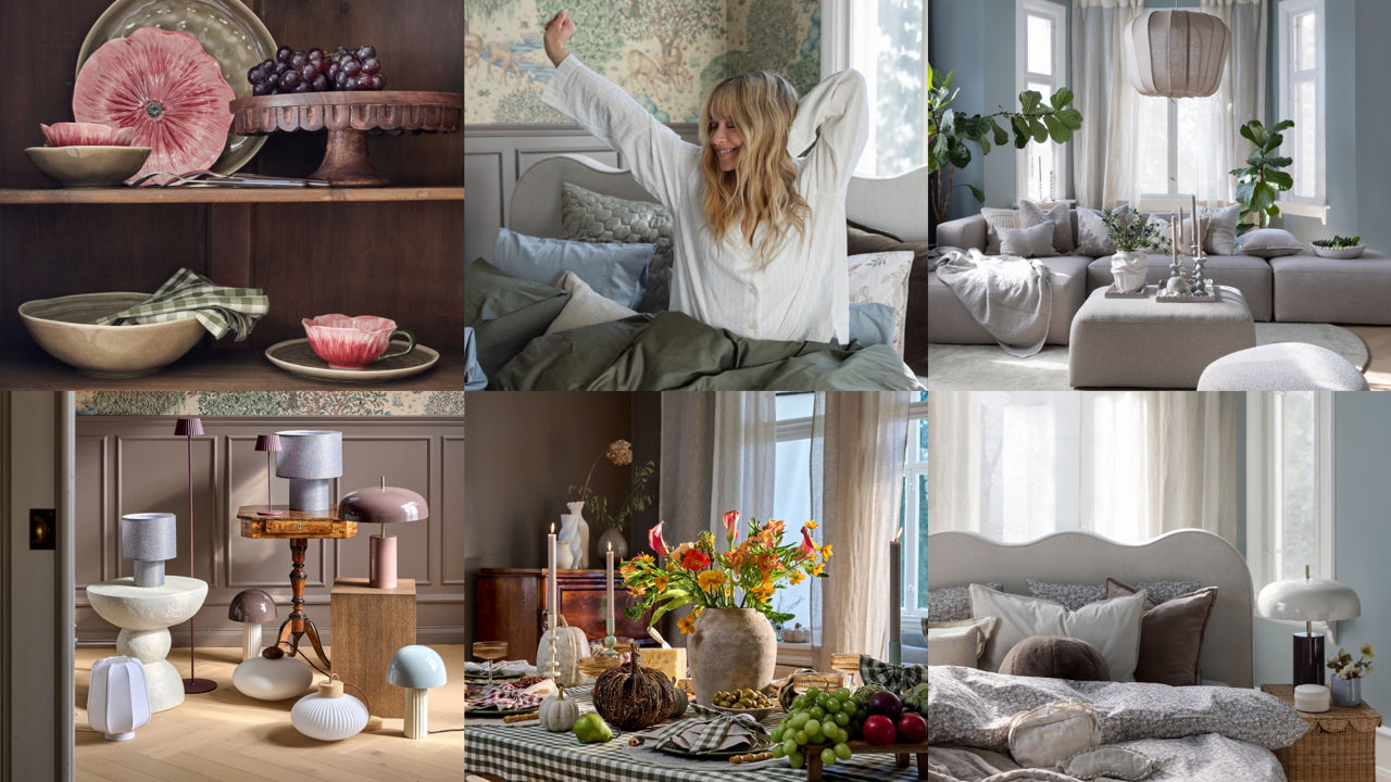  Collage of six cozy interiors in a modern country style: ceramic tableware, a bright sofa corner with plants, a set dining table with fruit and flowers, designer lamps, and two bedrooms with soft textiles and natural light.