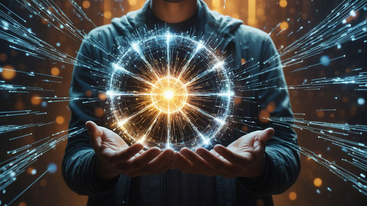Eine Person hält beide Hände offen vor dem Körper, während zwischen den Handflächen eine große, kugelförmige Lichtkugel schwebt. Die Kugel besteht aus einem leuchtenden, warmen Zentrum in Orange und Gelb, das von mehreren konzentrischen Ringen aus weißen und blauen Lichtlinien umgeben ist. Zahlreiche feine Lichtstrahlen strahlen dynamisch nach außen und erzeugen den Eindruck von Energie oder einem digitalen Netzwerk. Der Hintergrund ist dunkel und unscharf, mit goldenen Lichtpunkten, die wie abstrakte Partikel wirken.