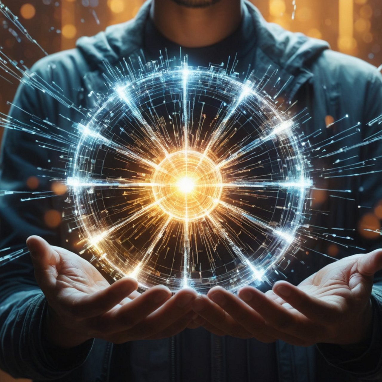 Eine Person hält eine große, helle, kugelförmige Energie- oder Datenstruktur in den Händen. Von ihr strahlen zahlreiche Lichtlinien nach außen, wodurch ein futuristischer, technologischer Effekt entsteht.