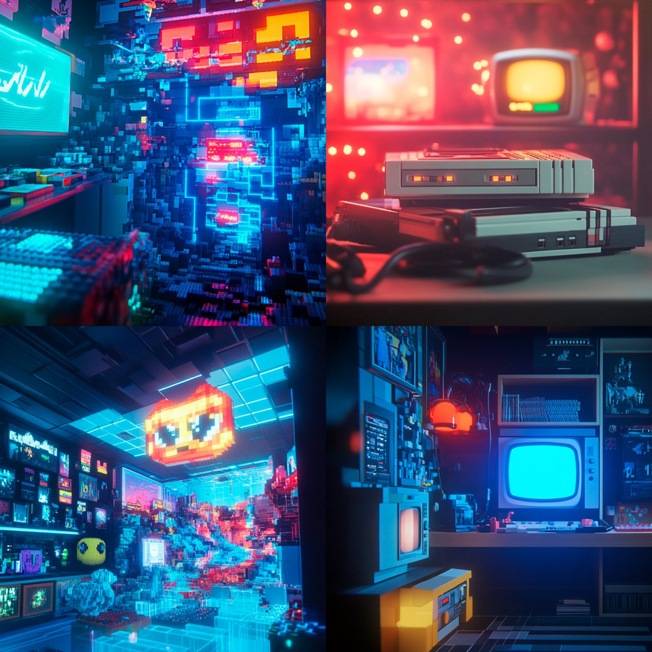 The picture shows a nostalgic gaming scene with retro consoles, controllers, old televisions and colourful lighting in shades of blue and pink, surrounded by shelves full of video games and collectibles.