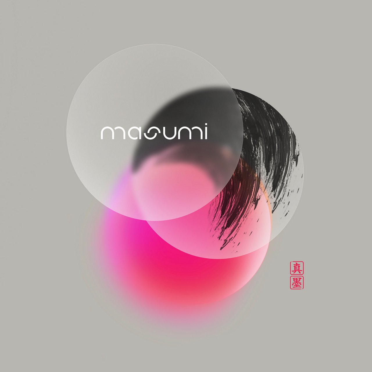 Abstract graphic with blurred color gradients in pink and gray, overlaid by transparent circles with the text "masumi" and Japanese characters in the bottom right.