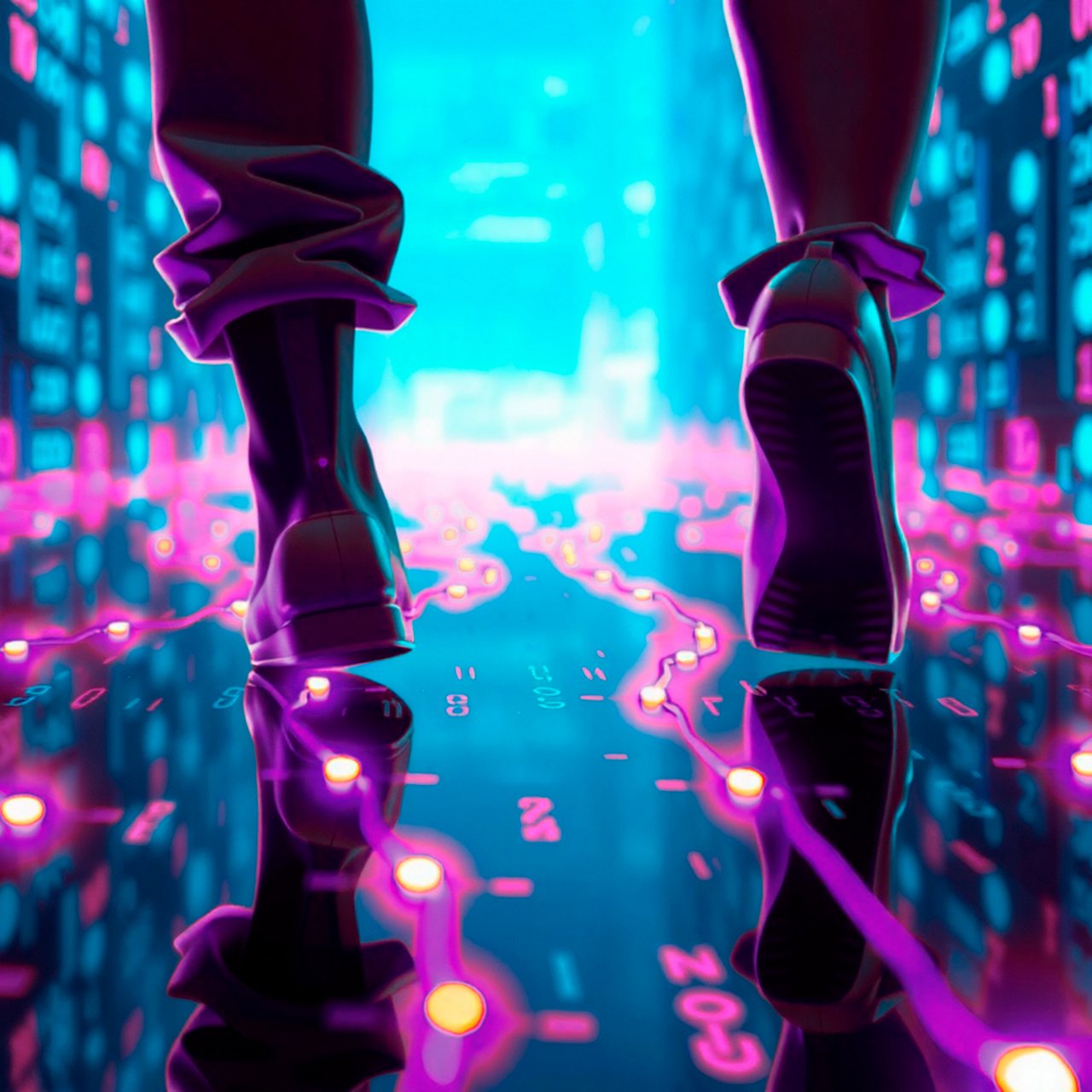 Legs of a person walking on a shiny surface interspersed with bright pink lines and dots, surrounded by glowing numbers and data in shades of blue and pink, creating a futuristic, digital atmosphere.