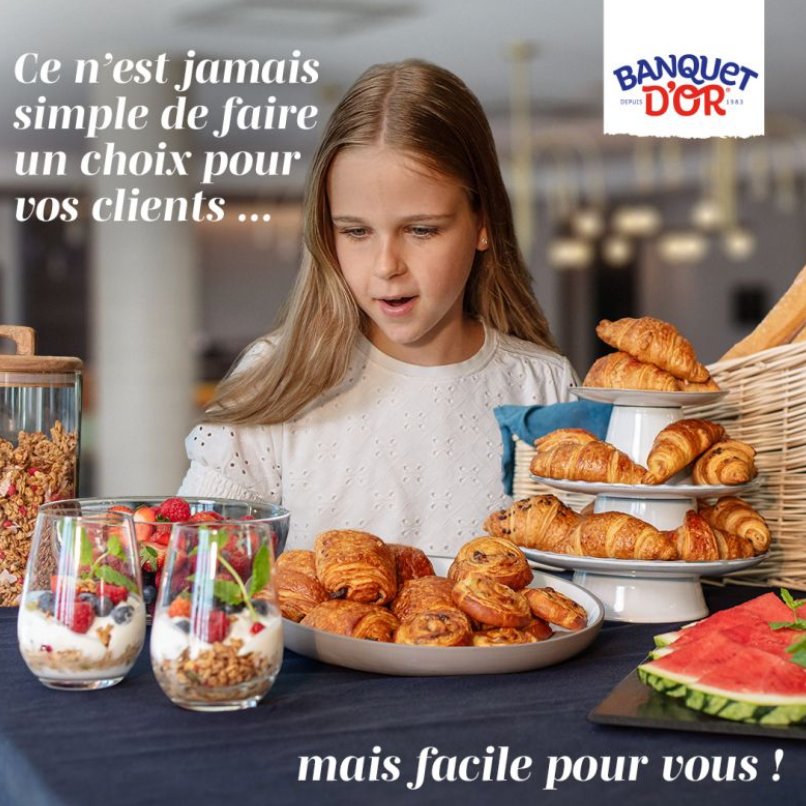Assorted Banquet d’Or’s Breakfast pastries, granola parfaits, and fruit on a table with the Banquet d'Or logo.