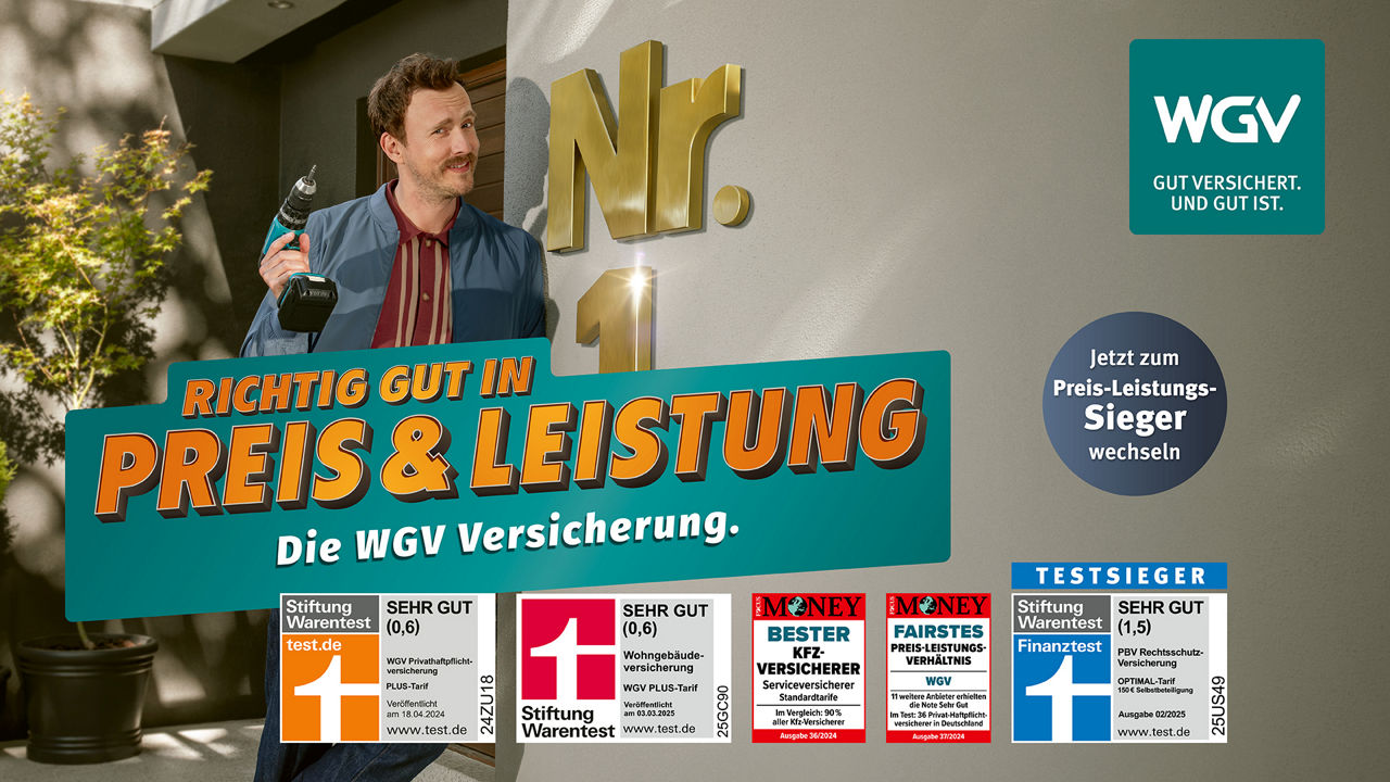 Ein Mann mit Bohrmaschine steht vor einer Hauswand mit goldener Aufschrift ‚Nr. 1‘. Darunter steht groß: ‚Richtig gut in Preis & Leistung – Die WGV Versicherung.‘ Rechts oben ist das WGV-Logo mit dem Slogan ‚Gut versichert. Und gut ist.‘ sowie ein runder Button mit ‚Jetzt zum Preis-Leistungs-Sieger wechseln‘. Unten sind fünf Auszeichnungen von Stiftung Warentest und Focus Money abgebildet.