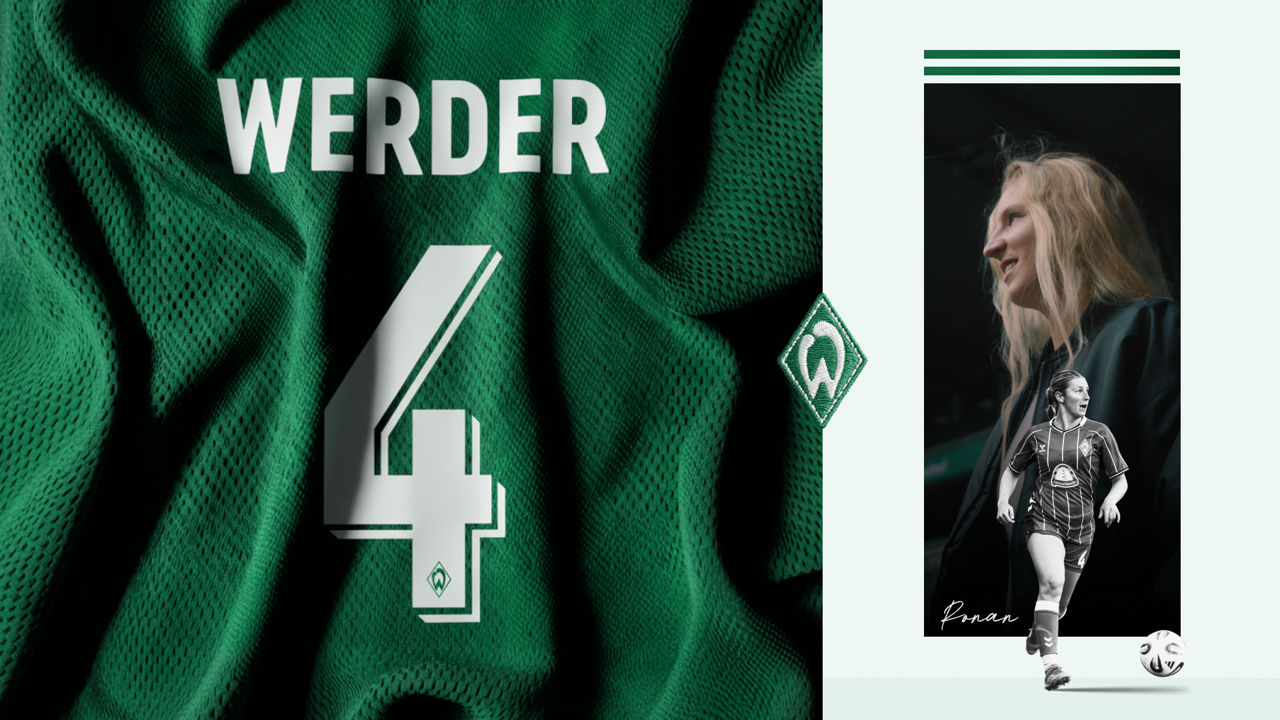 Gestaltetes Motiv in Grün mit der Aufschrift „WERDER“ und der Nummer 4 auf einem Trikotstoff; rechts ein Porträt einer Fußballspielerin sowie eine kleinere Schwarz-Weiß-Abbildung derselben Spielerin in Aktion mit Ball.
