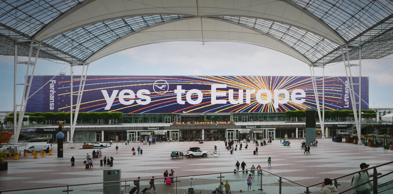 Yes to Europe Lufthansa banner in the shape of a football fan scarf at Munich Airport