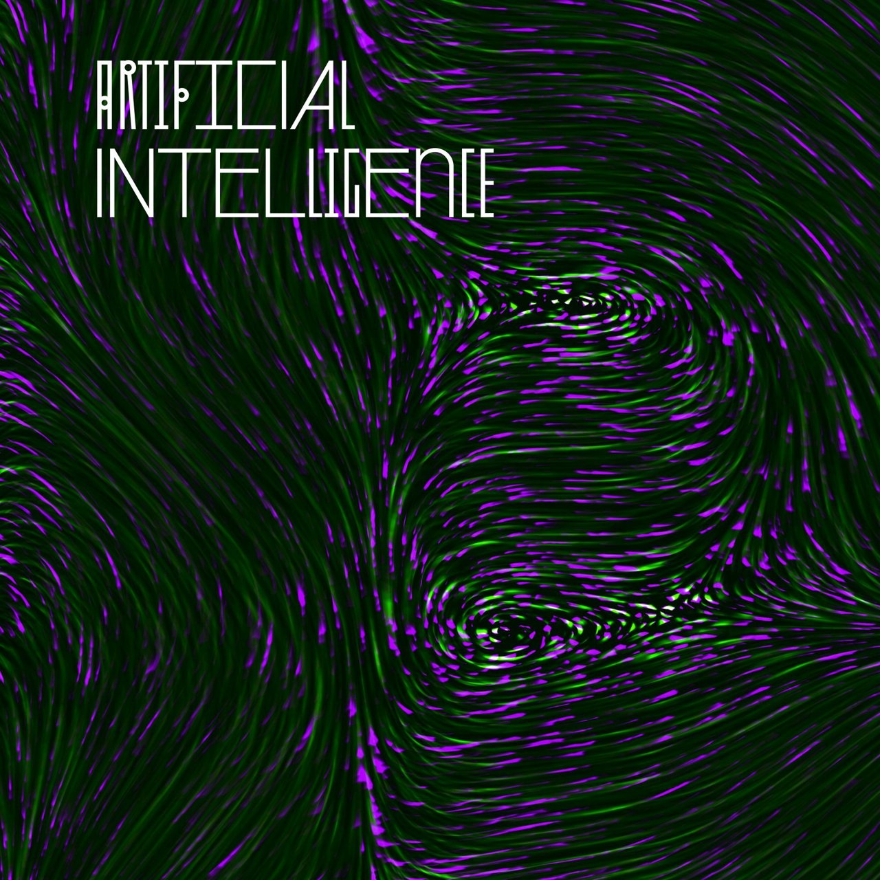 Swirling green/purple digital art, "Artificial Intelligence" text.