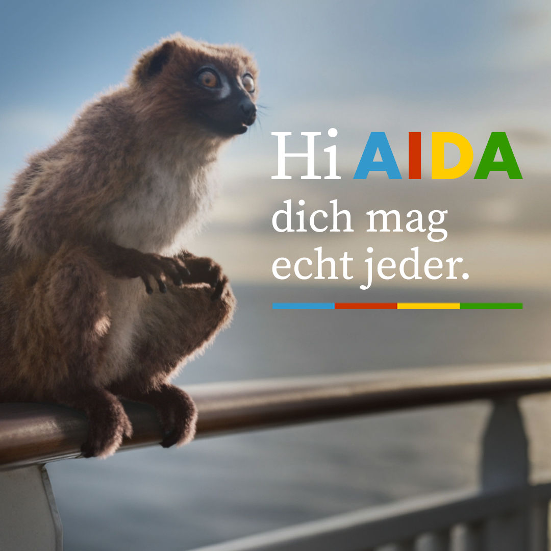 Lemur auf AIDA Schiff - Slogan "Hi AIDA dich mag echt jeder."