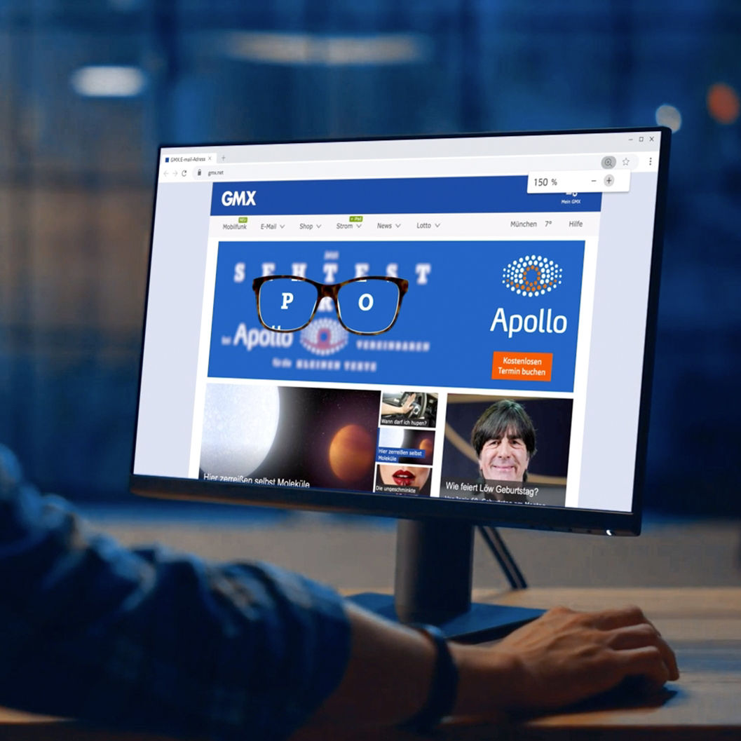Man at the PC sees interactive advertising material from Apollo which suggests an eye test