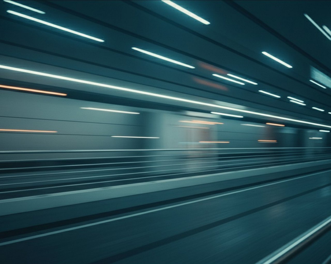 Abstract motion blur of illuminated lines in a modern tunnel.