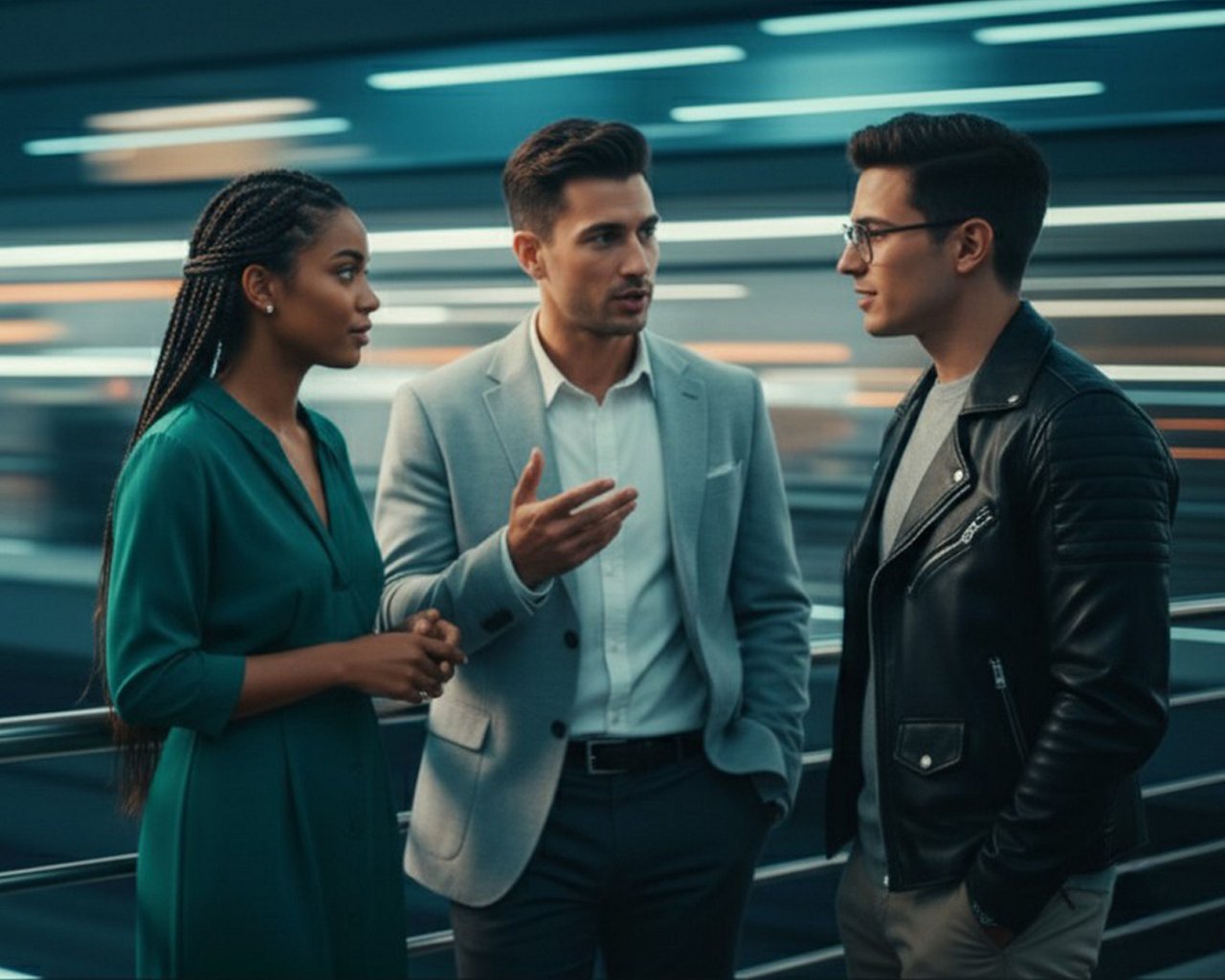 Three people having a conversation in front of a dynamic, illuminated background.
