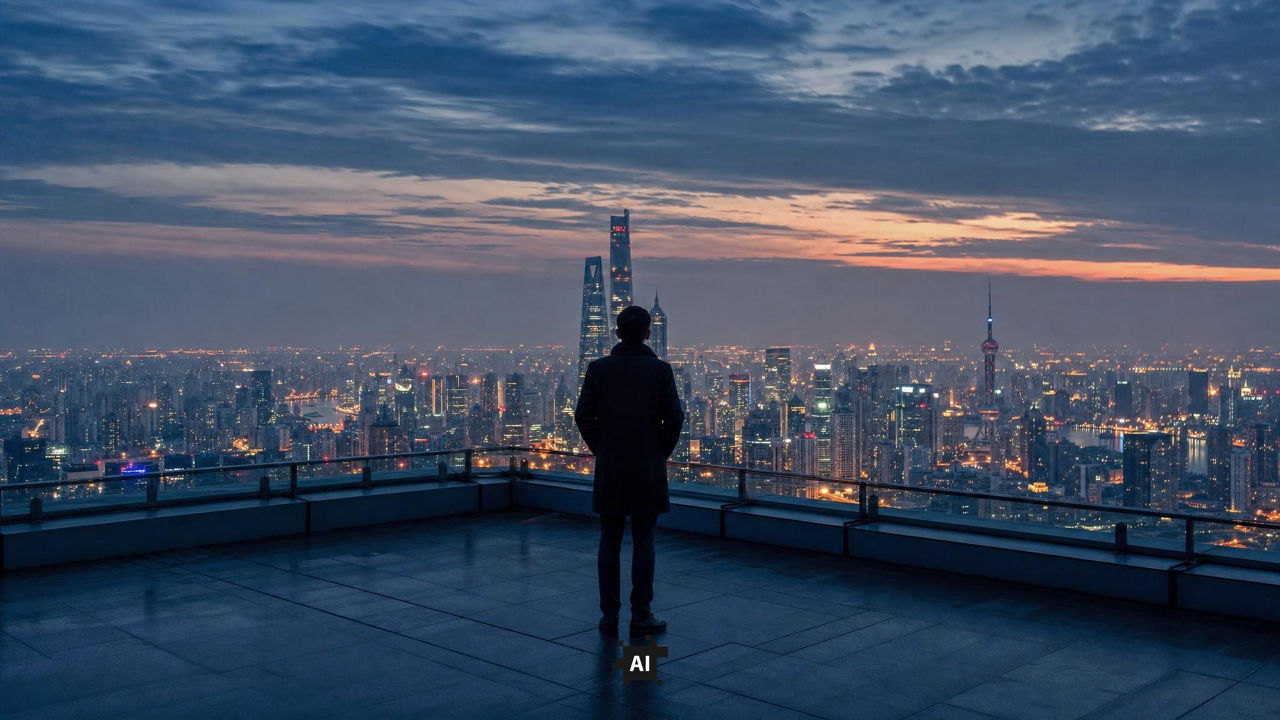 A man alone on a rooftop in china looking at the city