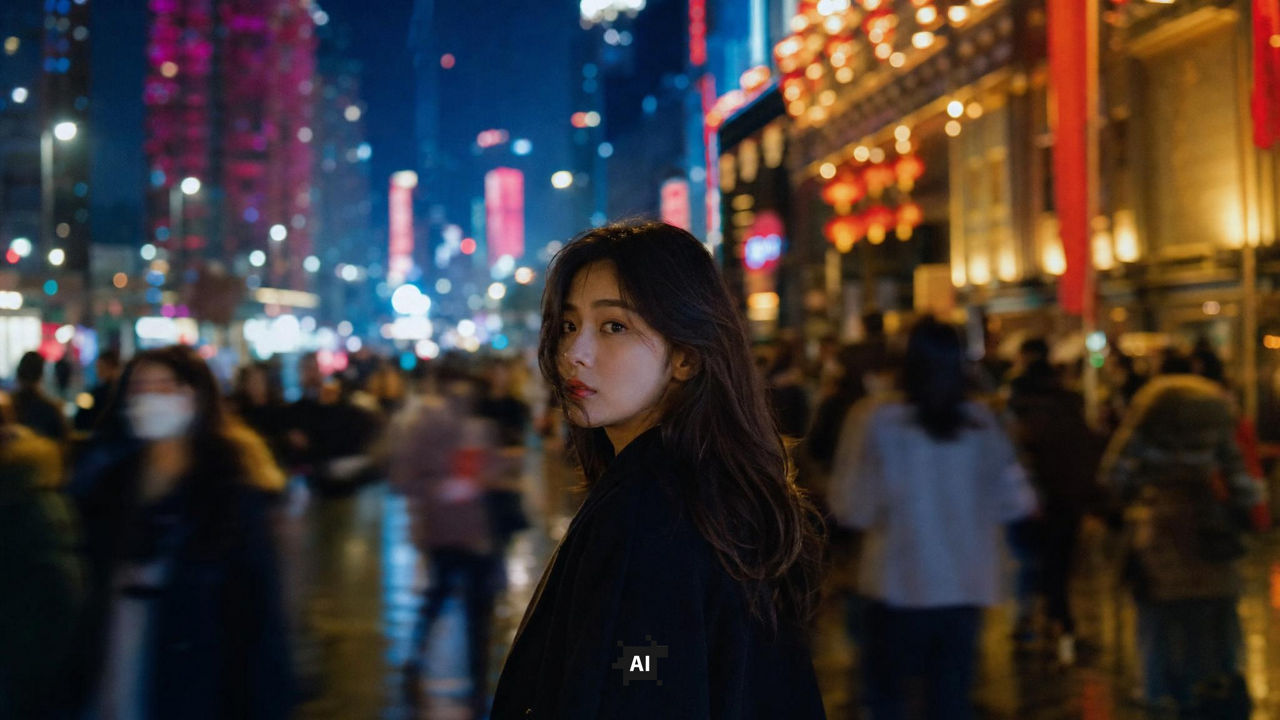 A woman in china looking at the camera while standing in a crowded street