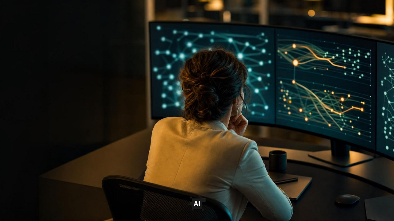 A woman looking at the monitors on her desk