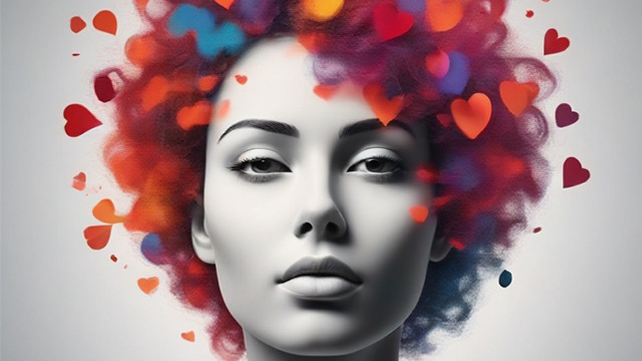 Woman head with hearts as hair