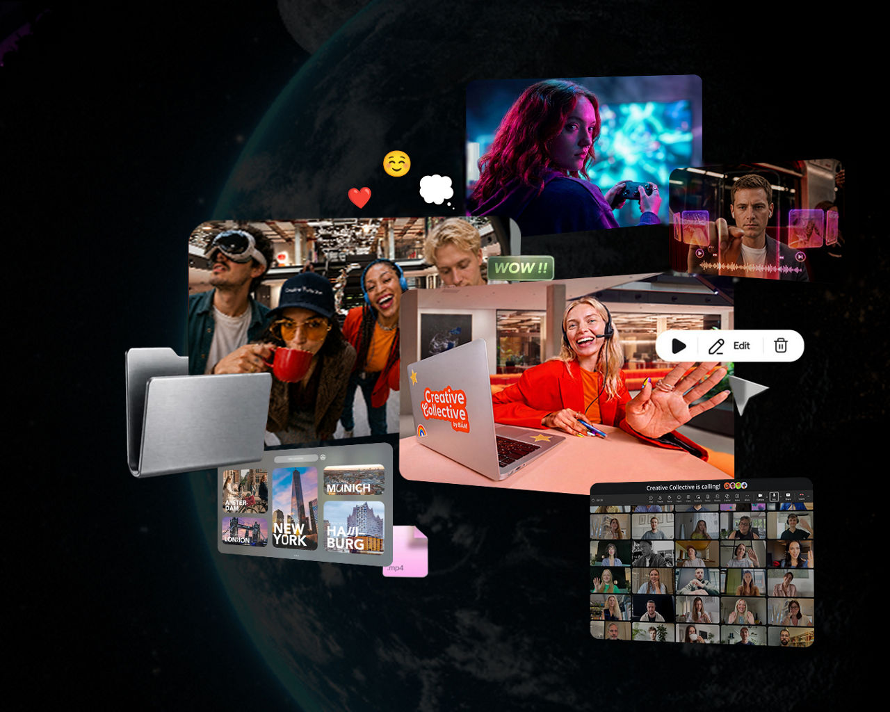 Eine digitale Collage zeigt verschiedene schwebende Medienfenster, Ordner und Emojis vor einem dunklen Hintergrund, darunter Videocalls, Reisefotos und kreative Arbeitsszenen am Laptop.