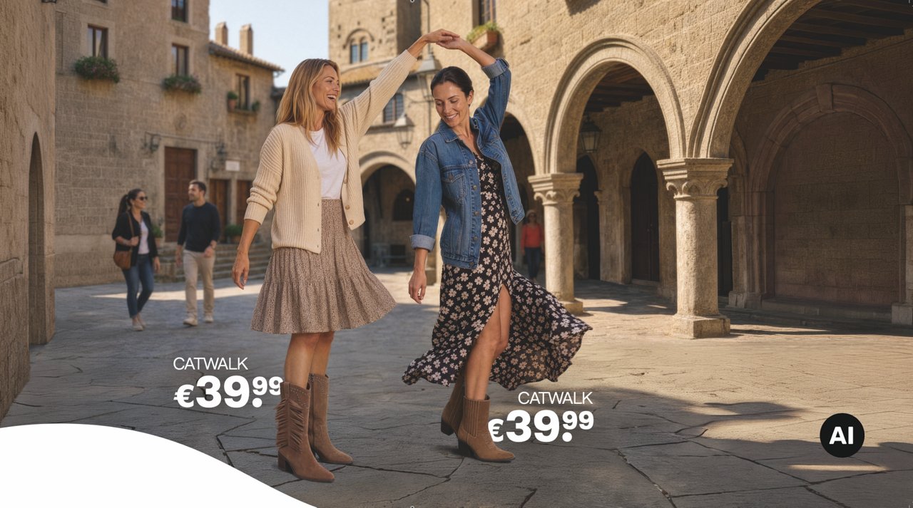 Due persone con stivali marroni Catwalk danzano in una piazza storica con portici in pietra. Sullo sfondo sono visibili edifici tradizionali e passanti. L'immagine promuove la collezione Autunno/Inverno di Deichmann.