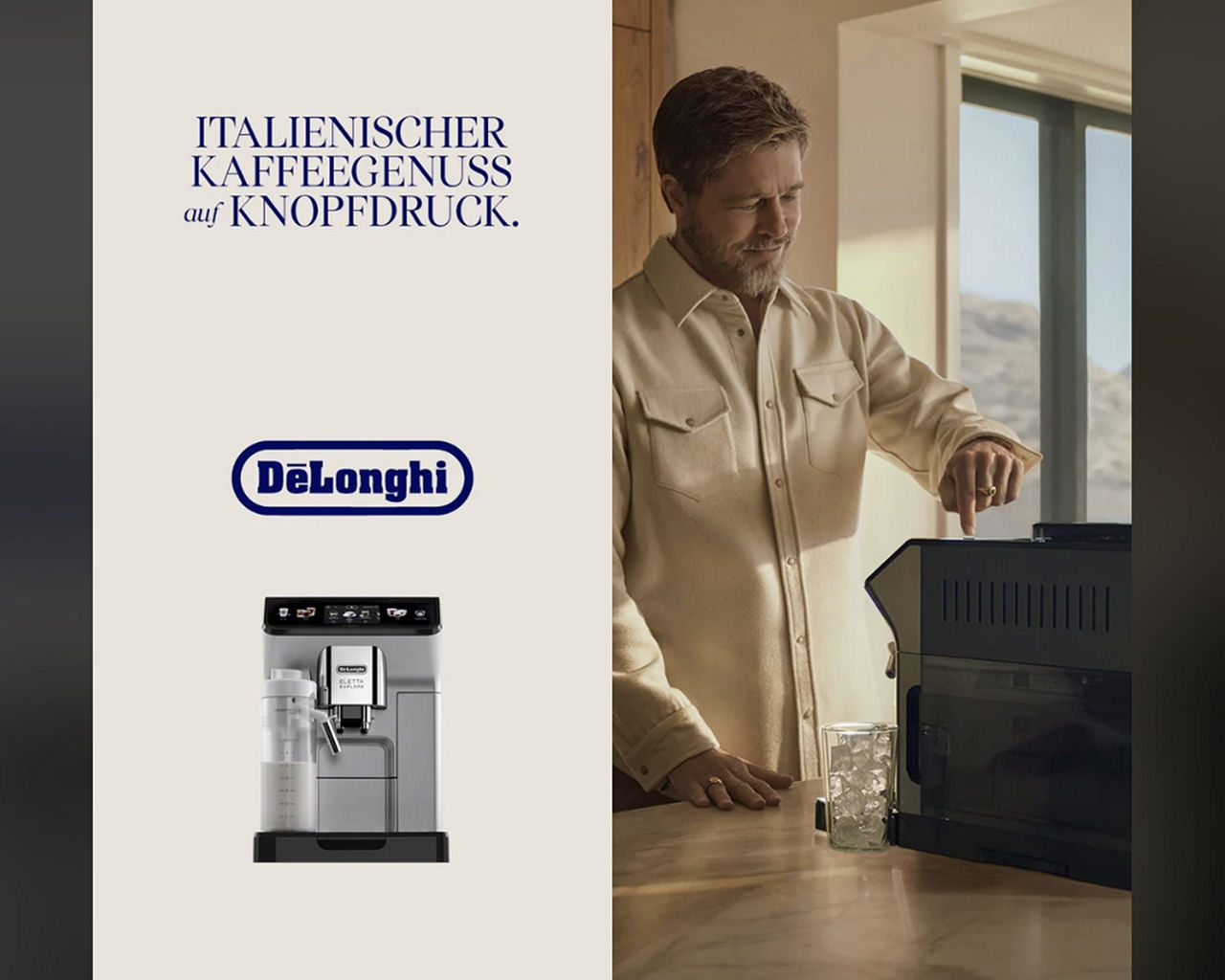 De'Longhi Ad auf dem Brad Pitt Kaffee macht