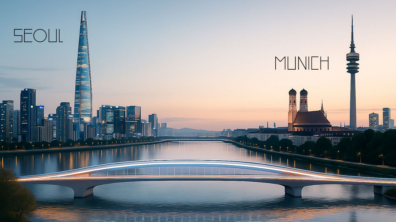 Stilisierte Montage von Seoul und München bei Sonnenuntergang, verbunden durch eine moderne Brücke über einen Fluss.
