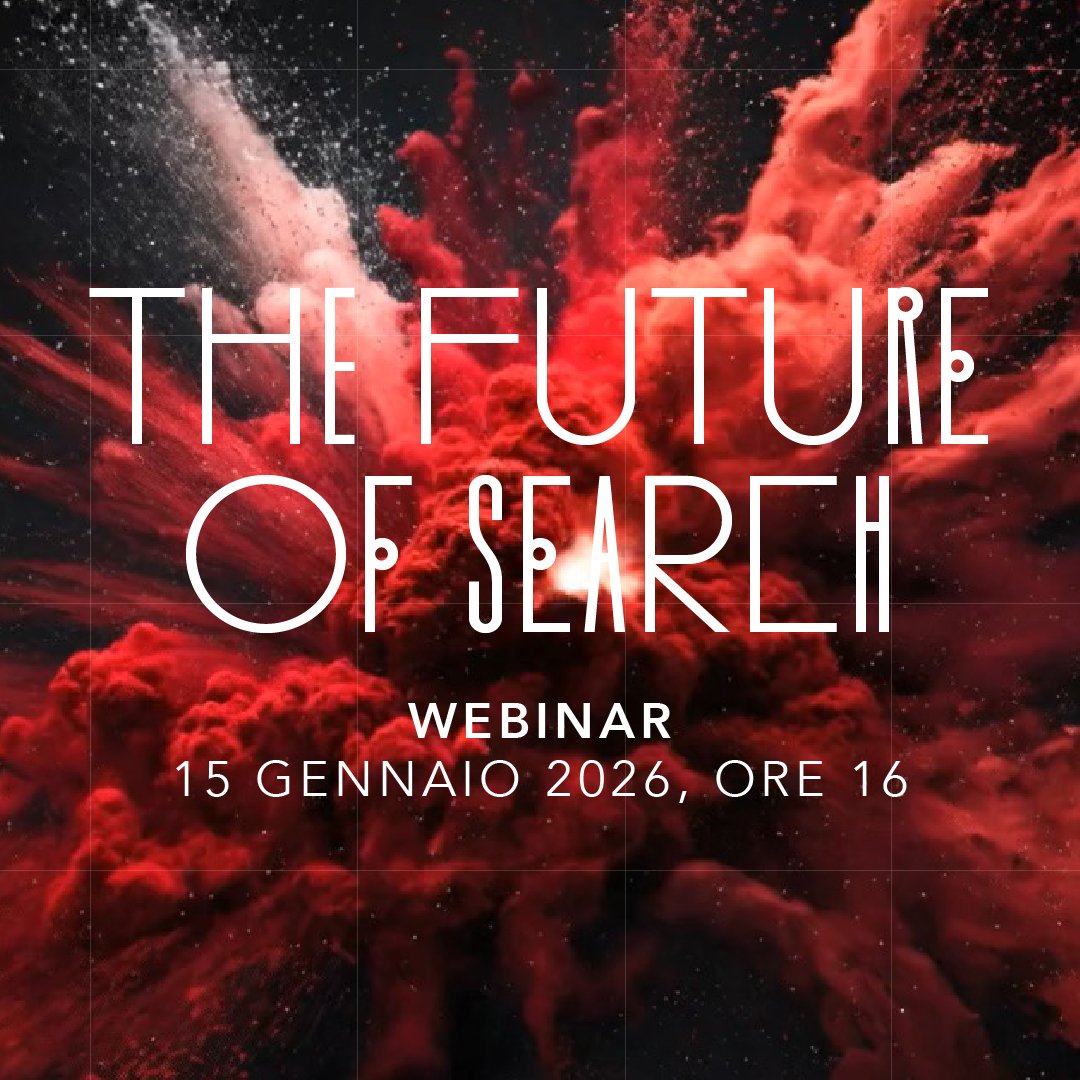 Immagine di polvere rossa che esplode, con il titolo "The future of Search", Webinar, 15 gennaio 2026 ore 16