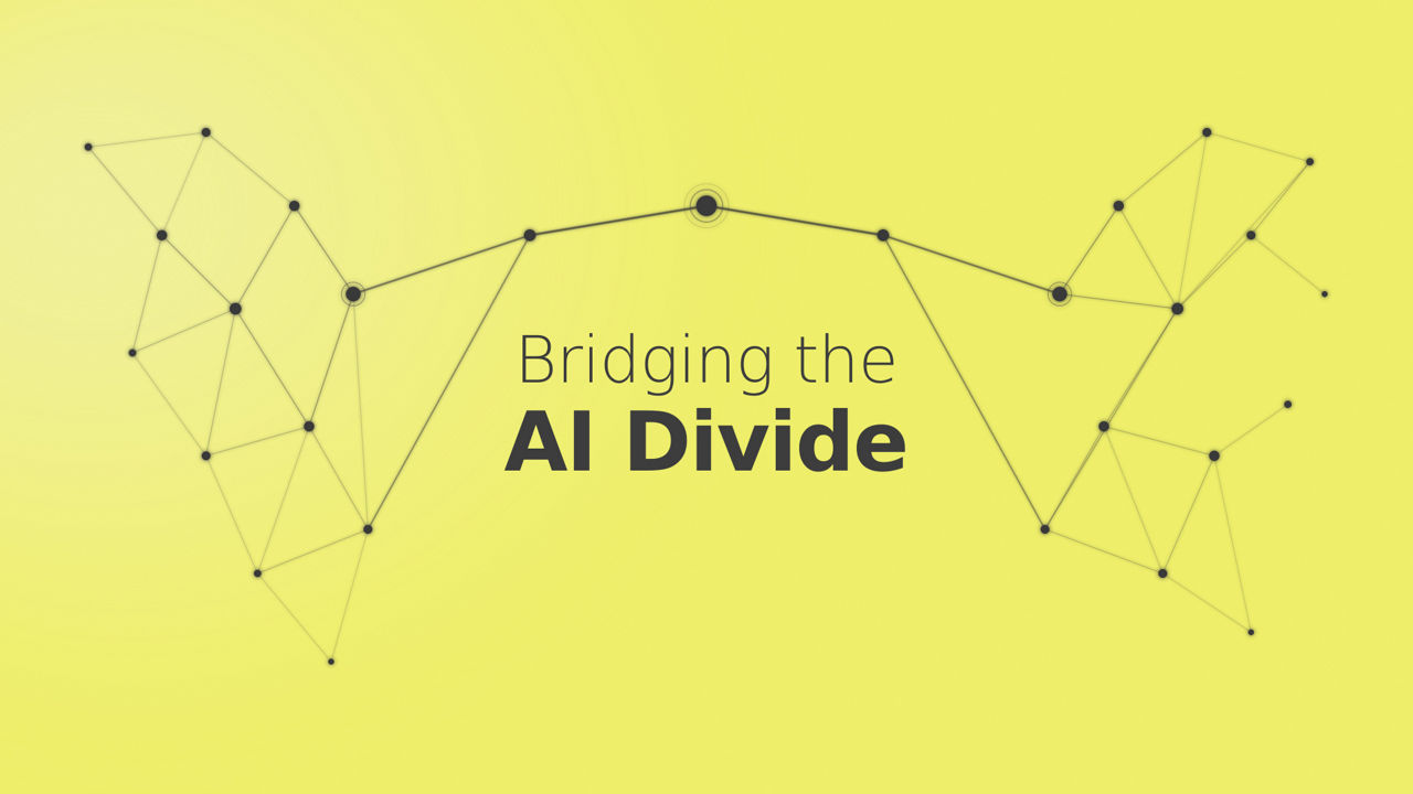 “Abstract illustration showing two networks of connected nodes linked by a central bridge, symbolizing the connection between different AI systems and communities. The text ‘Bridging the AI Divide’ appears in the center on a yellow background.”