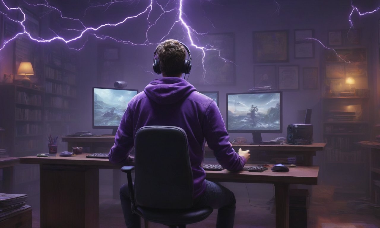 Gaming setup with dramatic purple lightning