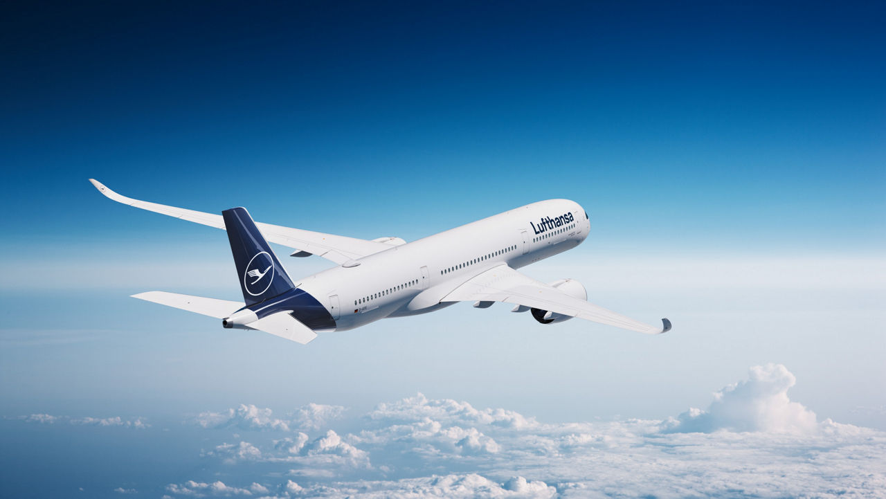 A350 Air to Air Rendering Lufthansa airplane flies above the clouds