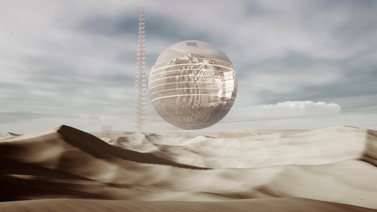 immersive museum in a desert, created by artificial intelligence