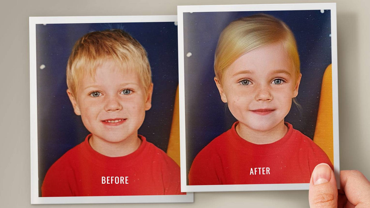 Transklar e.V. - Saved Memories - vorher/nachher Kinderfotos auf welchem mithilfe von KI das Geschlecht des Kindes geändert wurde