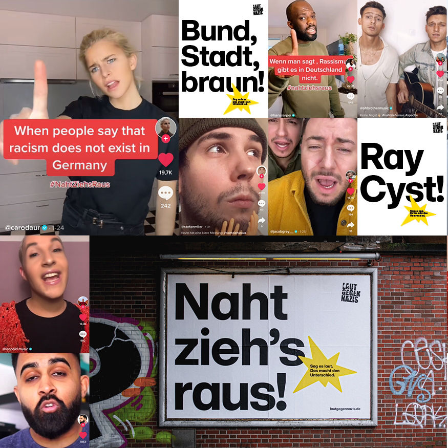 Various screenshots of social media posts about the "loud against Nazis" campaign 