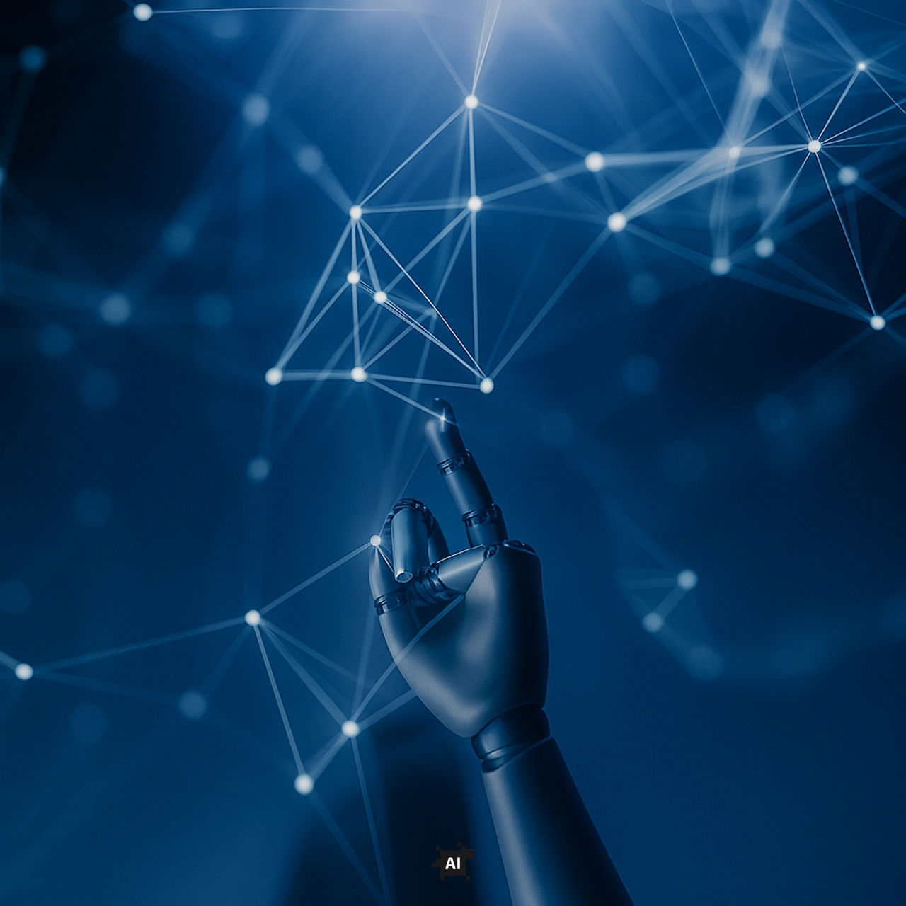 Robotic hand reaching toward an abstract network of connected points.