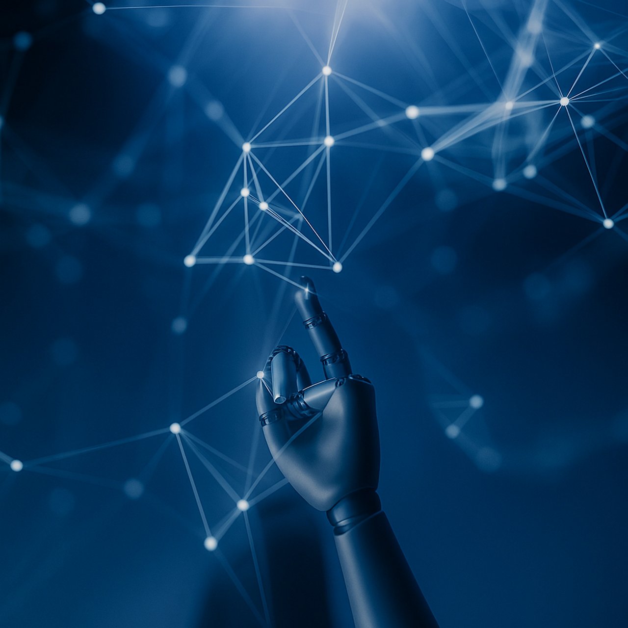 Robotic hand reaching toward an abstract network of connected points.