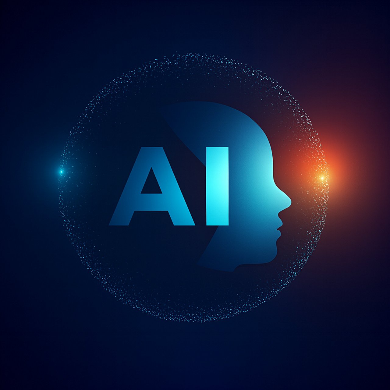 AI text with a stylized human face silhouette and glowing effects.