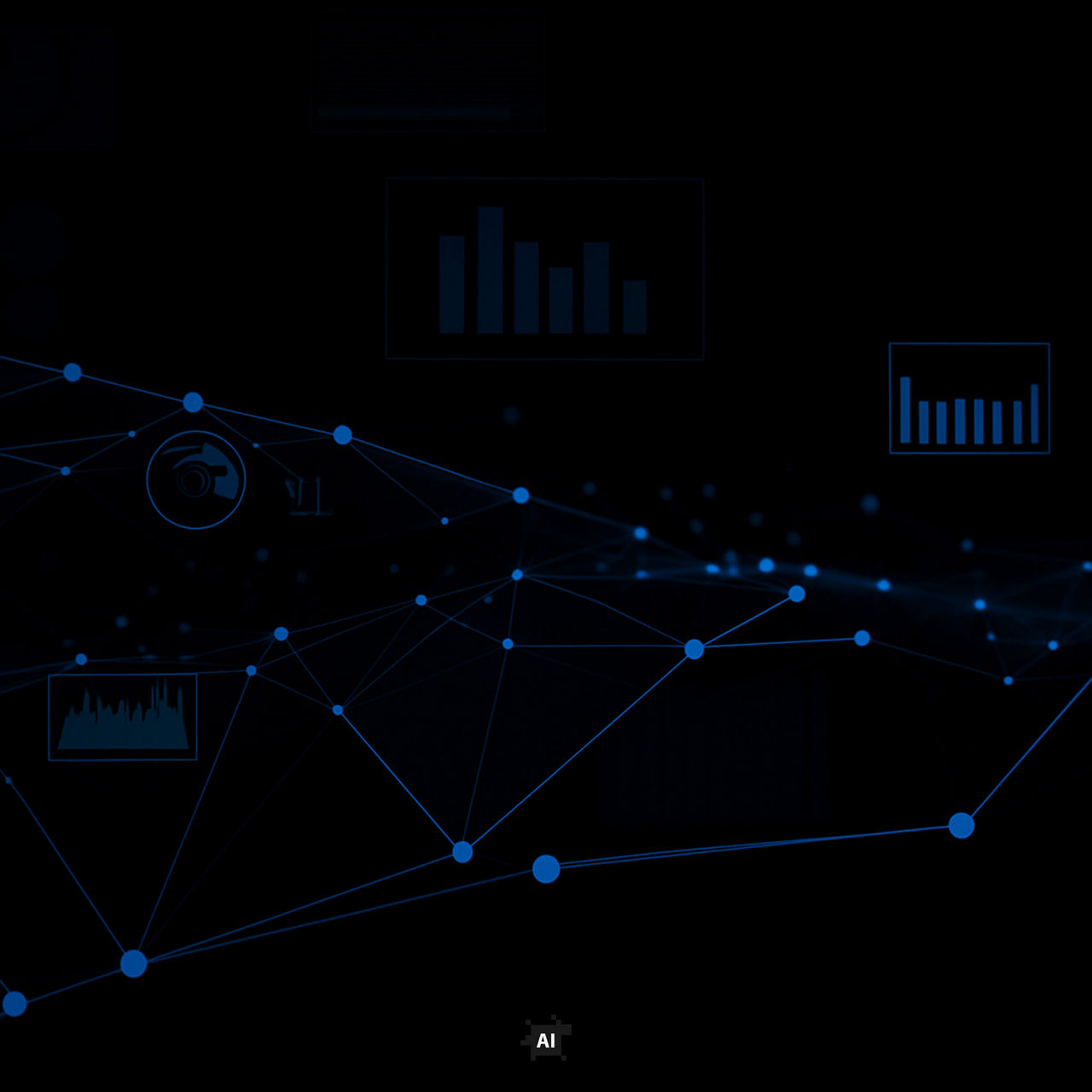 Network of connected blue nodes and floating data visualizations on a dark background.