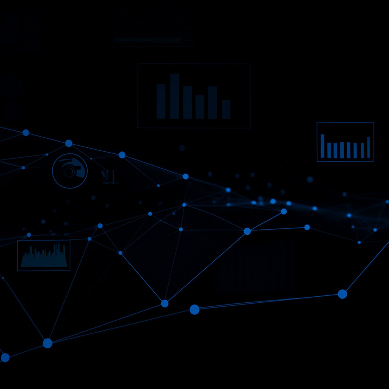 Network of connected blue nodes and floating data visualizations on a dark background.