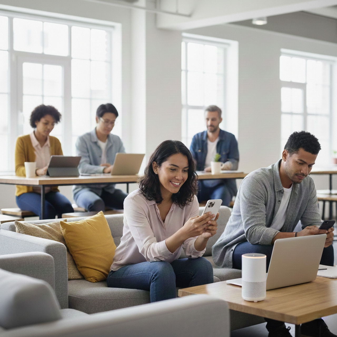 People working and using digital devices in a modern office lounge area.