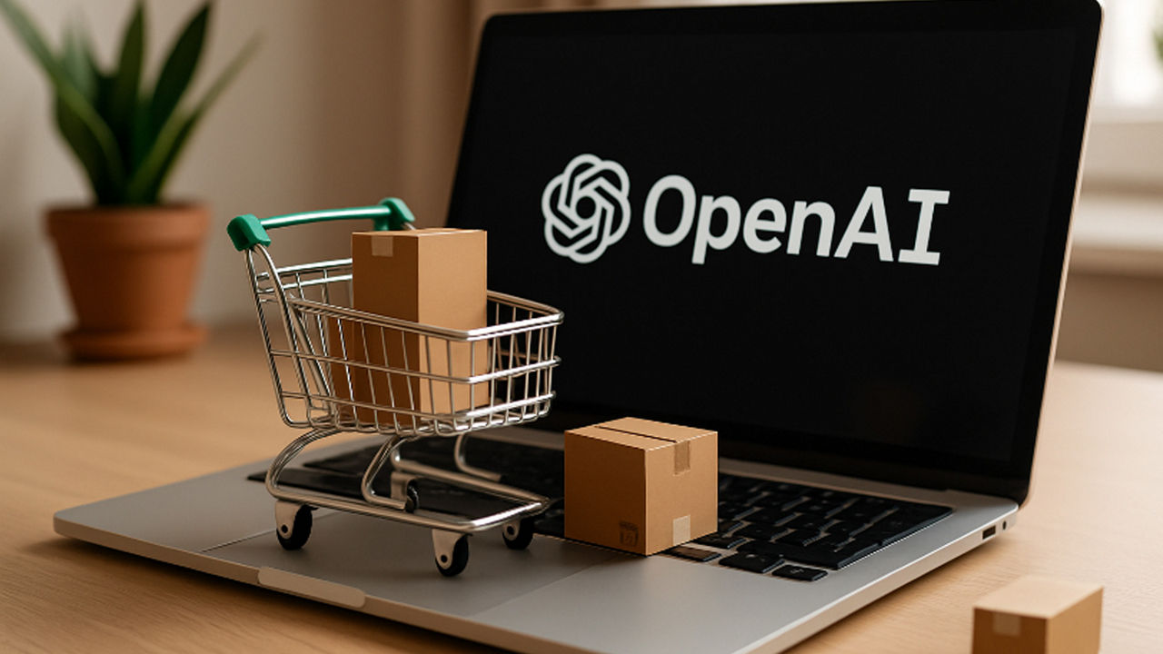 A opened laptop with the OpenAI logo on the screen and a small shopping cart with packages on the keyboard