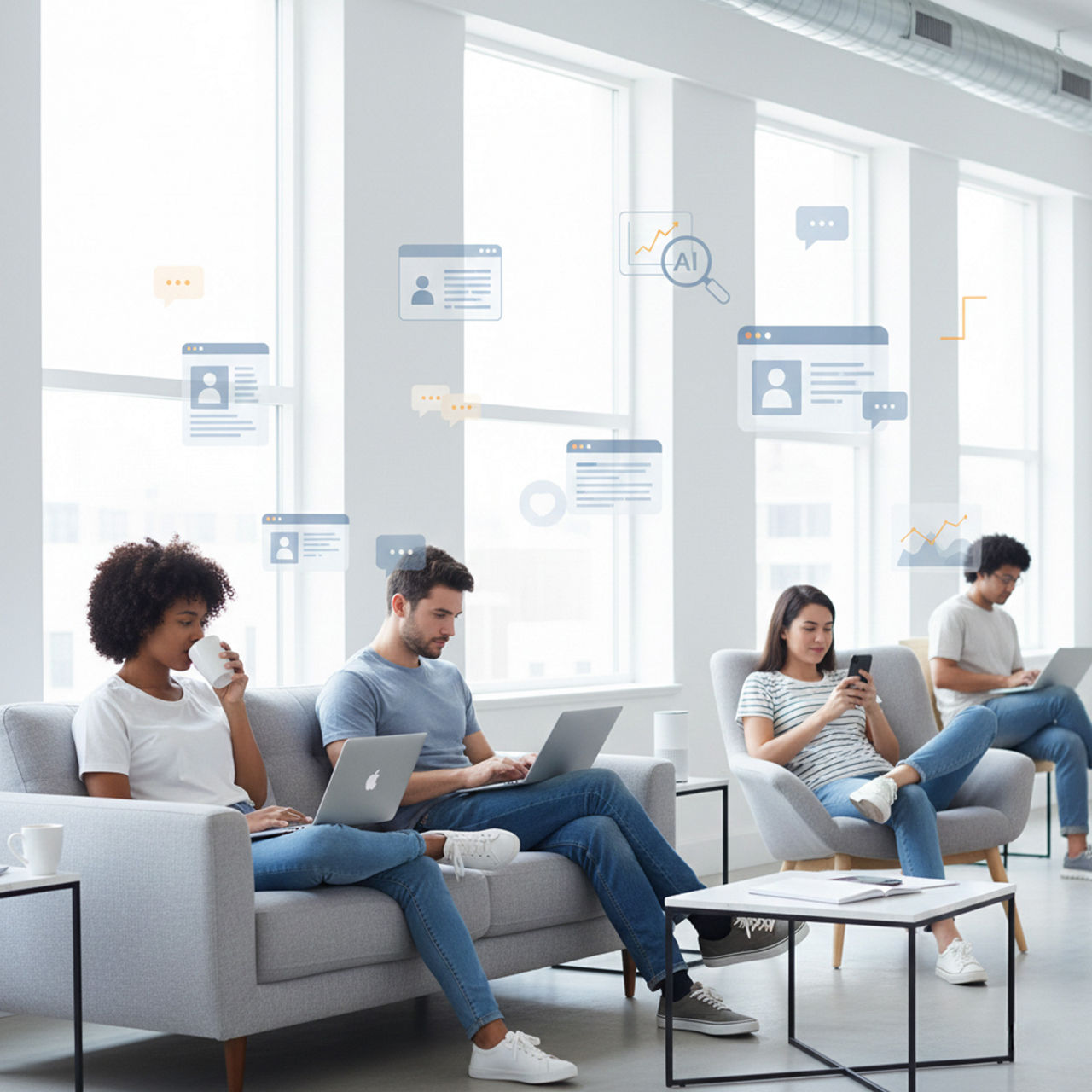 People working on laptops and smartphones in a modern, bright office with digital communication and data icons overlaid.