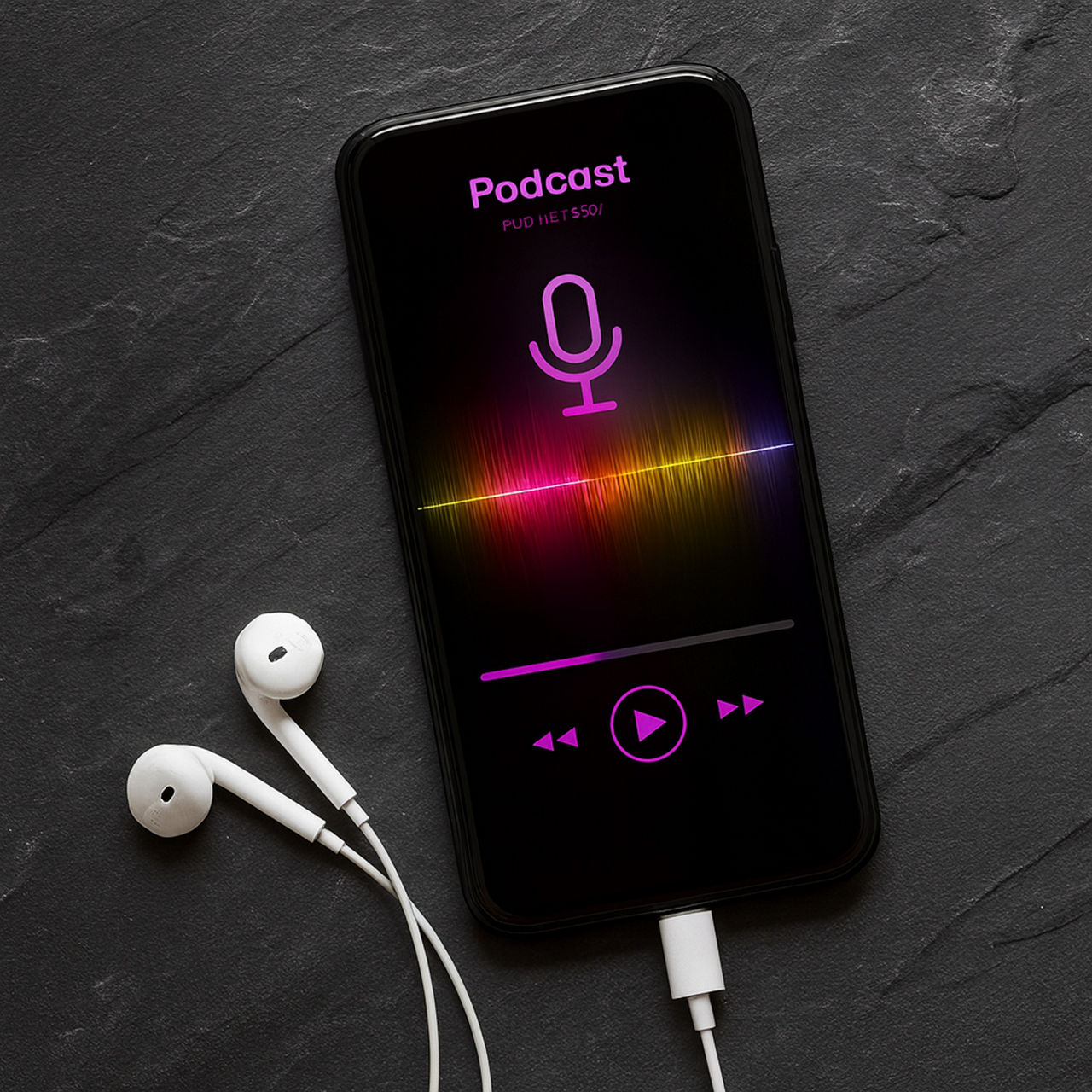 A smartphone displays a colorful podcast app screen with white earphones beside it.