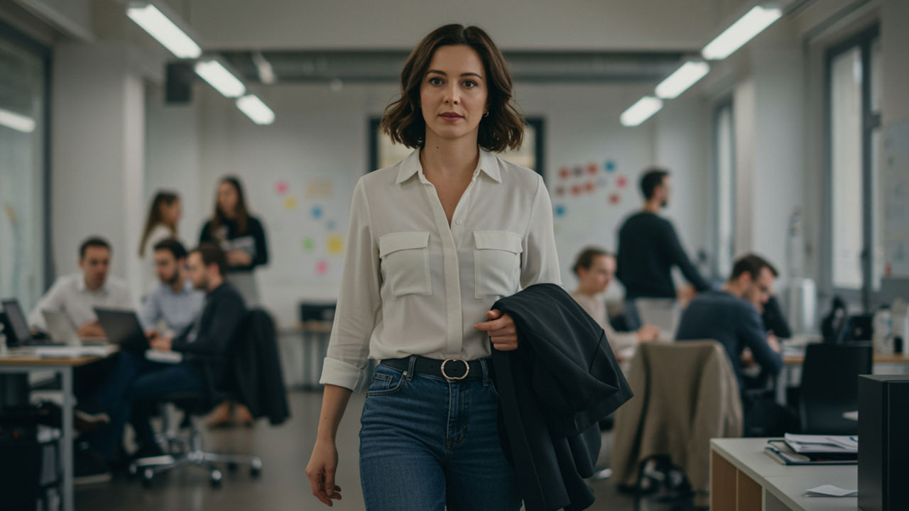 A confident young woman in a white shirt walks purposefully through a busy open-plan office, colleagues working in the background