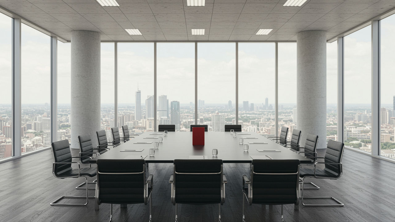 A woman in a grey blazer stands with arms crossed beside a frosted glass wall, looking calmly into the distance