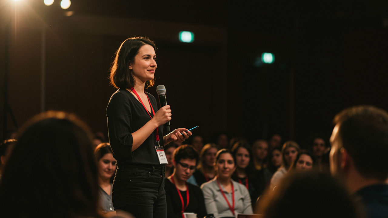 A young woman holds a microphone and speaks on stage before an engaged audience at a professional conference event