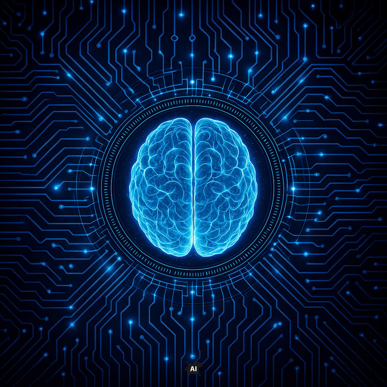 Digital illustration of a human brain surrounded by a circuit board pattern.