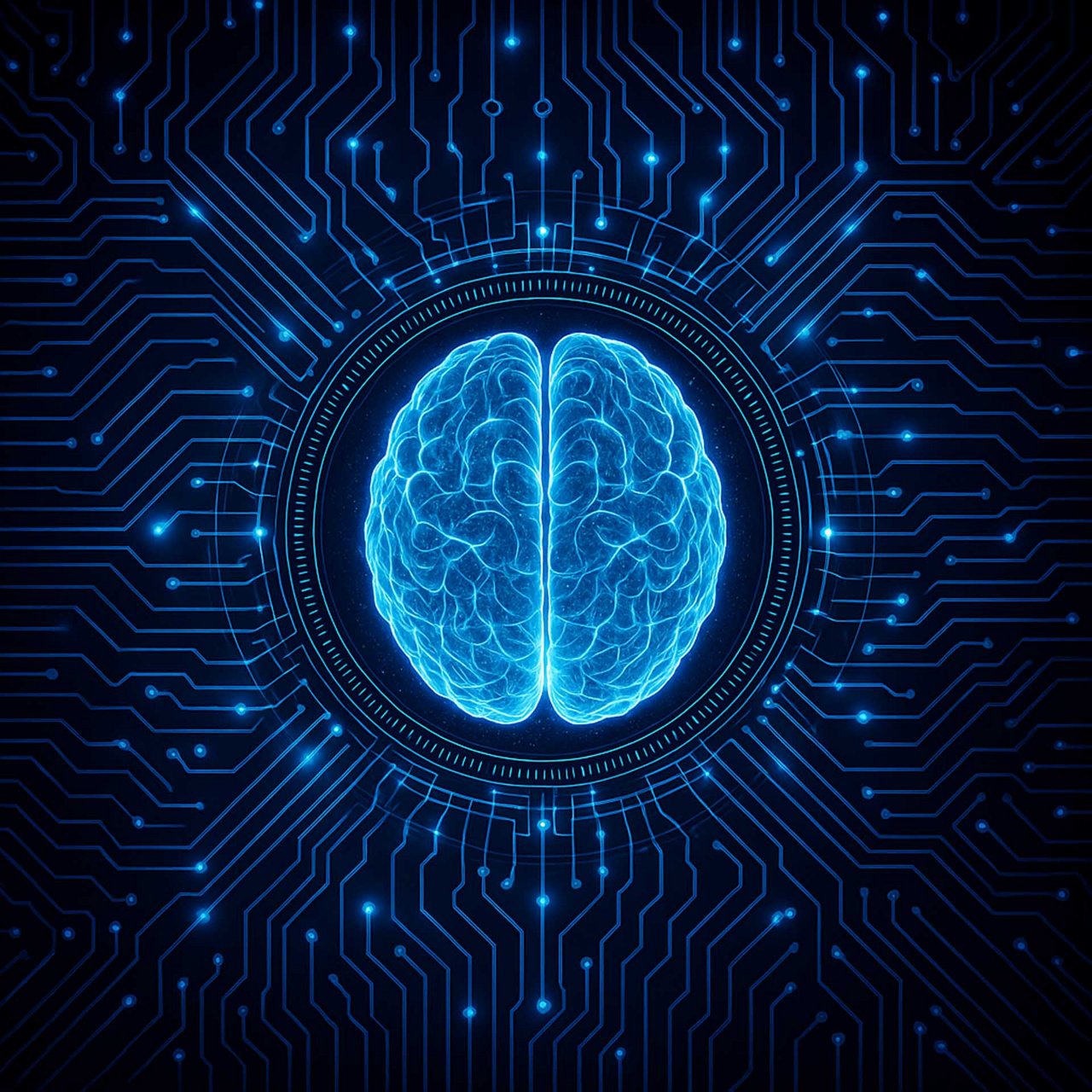 Digital illustration of a human brain surrounded by a circuit board pattern.