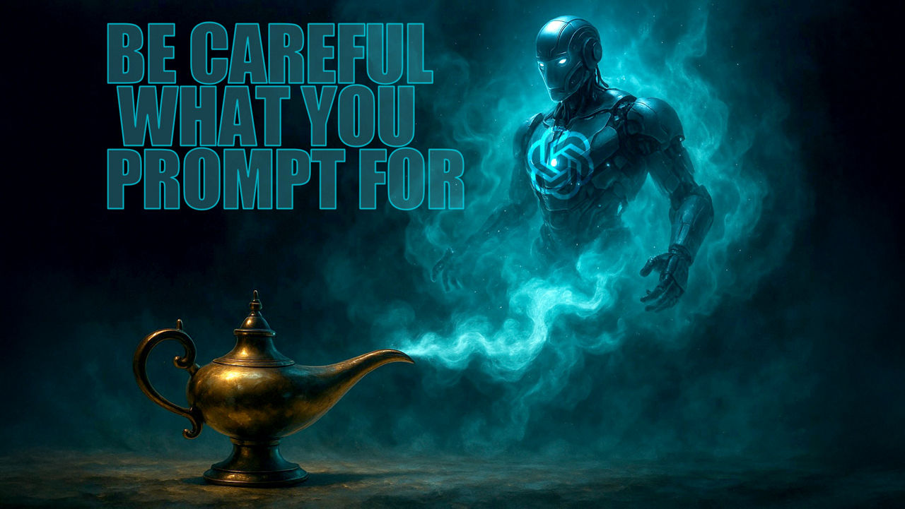 An AI-generated image showing a glowing blue humanoid robot genie emerging from a magical lamp in a swirl of smoke. The robot has a futuristic metallic appearance with a glowing emblem on its chest. Large text on the left reads: ‘BE CAREFUL WHAT YOU PROMPT FOR.’ The background is dark and atmospheric, highlighting the mystical and technological theme.
