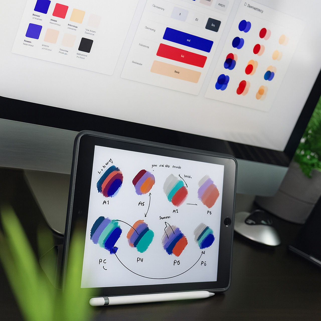 A digital workspace showing color palettes and design sketches on a tablet and computer screen.