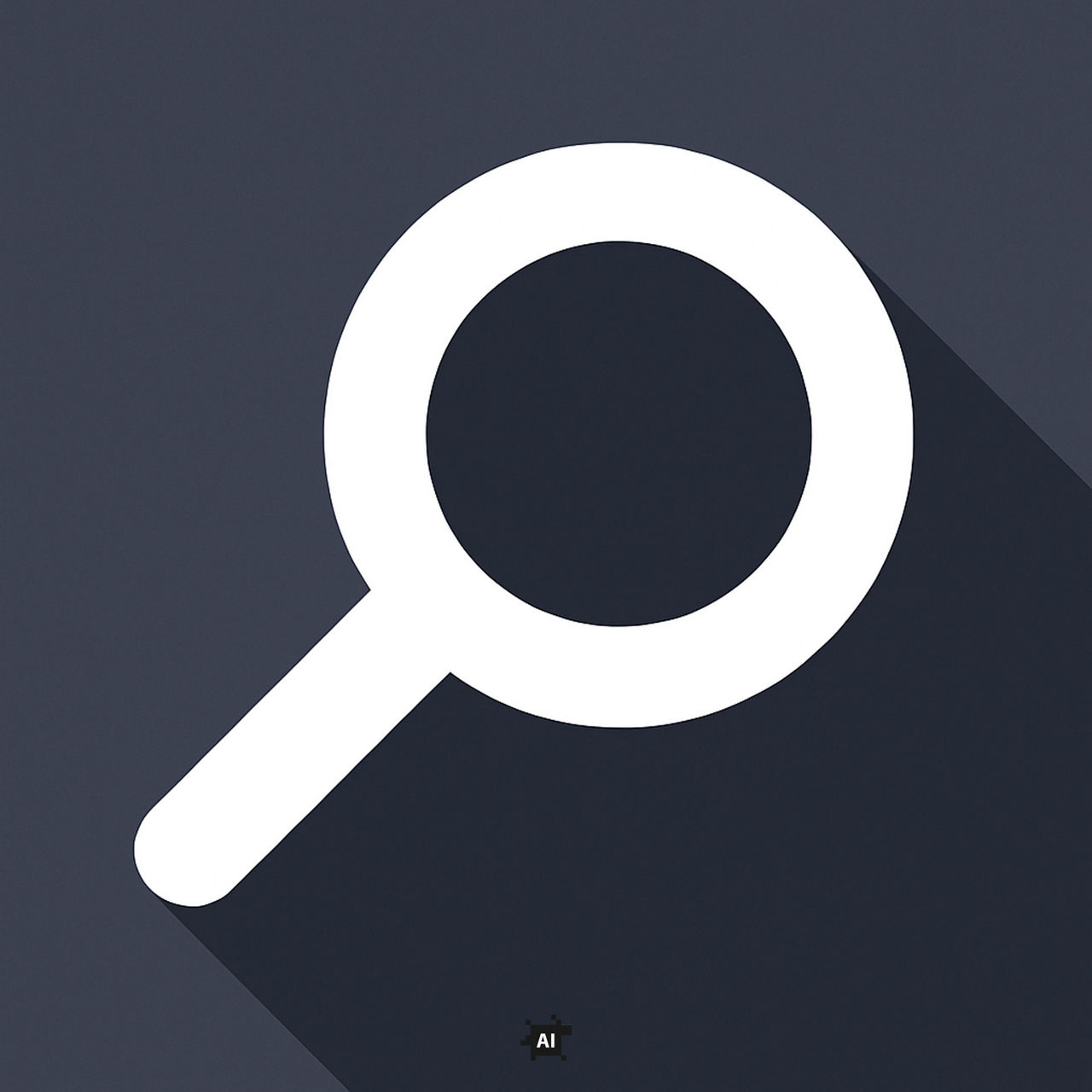 White magnifying glass icon on a dark background.