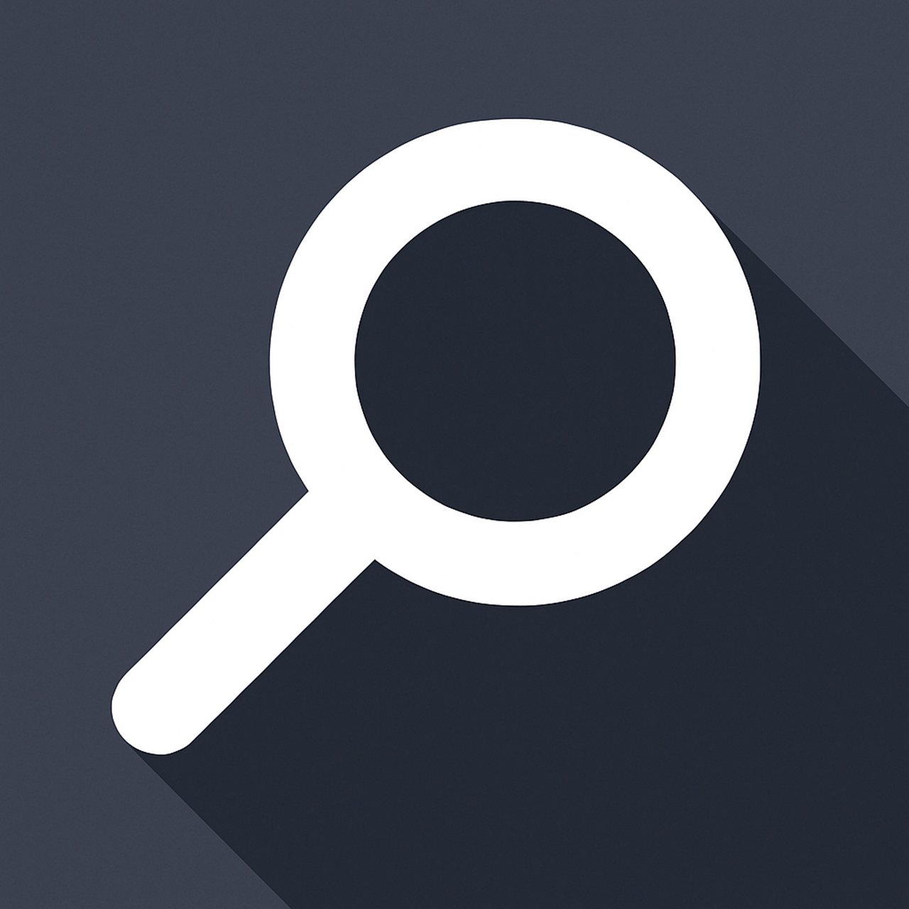 White magnifying glass icon on a dark background.